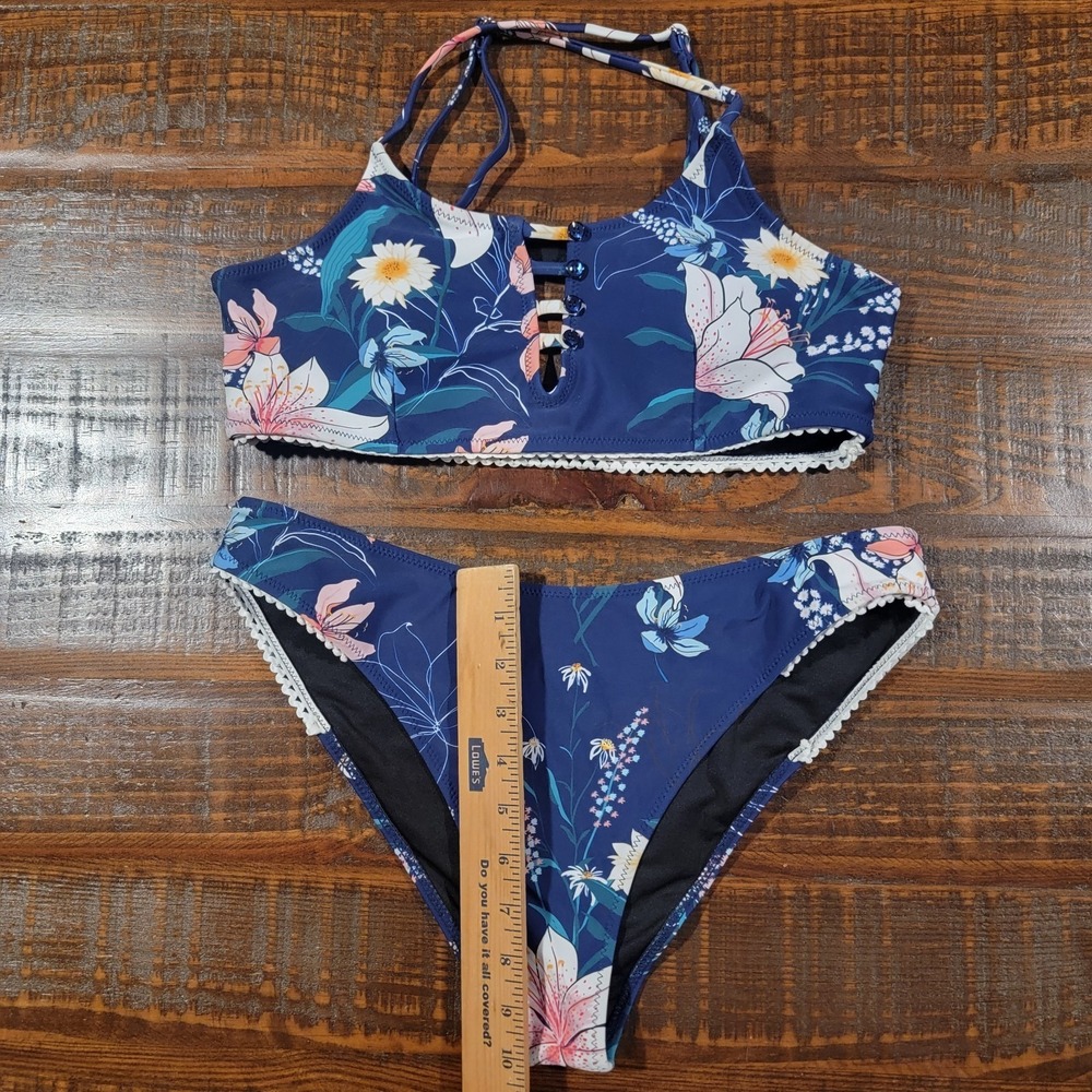 Cupshe Blue Floral Bikini 2 Piece Swim Suit Women's Large Padded Adjustable